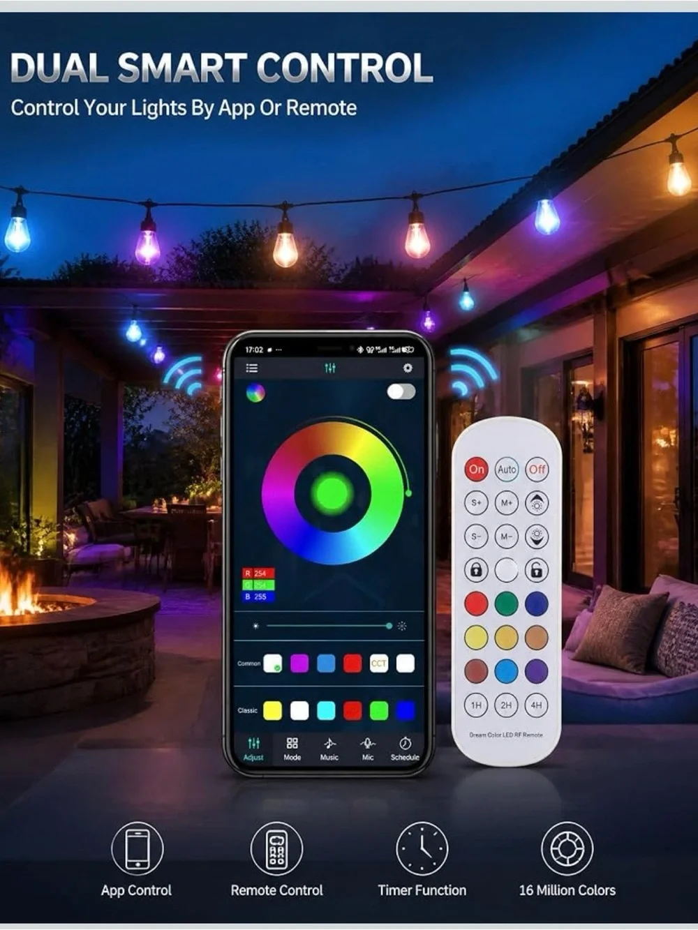 Outdoor string lights, 50FT RHBW color changing patio lights with remote and APP